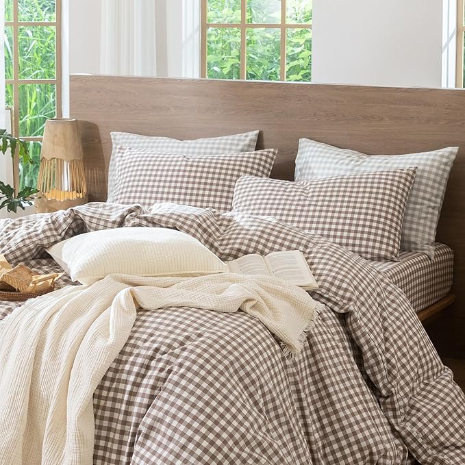 MooMee Bedding Pillowcases Gingham Pack of 2 100% Washed Cotton Linen Like Textured Breathable Durable Soft Comfy (Classic Gingham Brown, King)