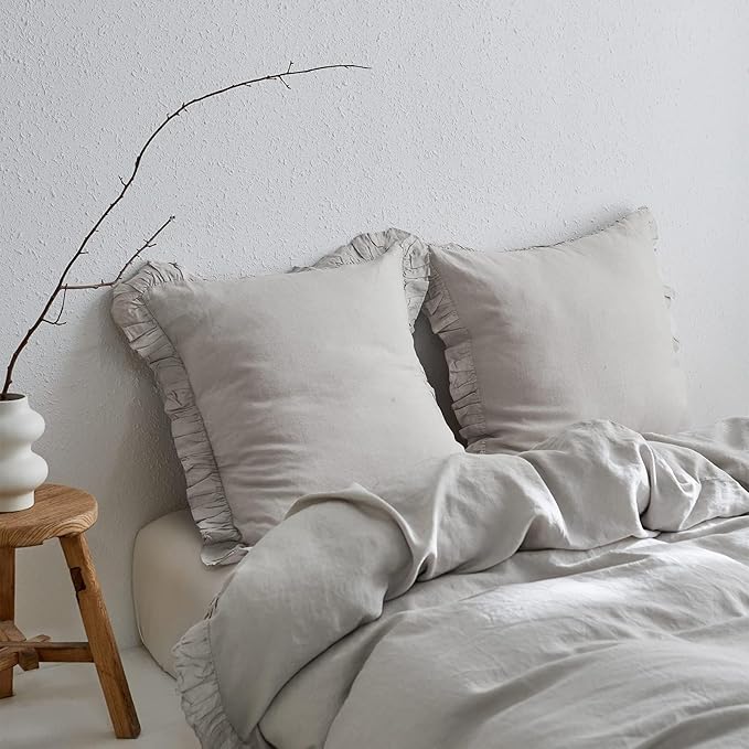 Simple&Opulence 100% Linen Euro Sham Covers with Ruffle, 26x26 Inch Pillow Covers Set of 2, Euro Pillow Shams for Bed Couch French Home Decor Luxury and Breathable Square Pillow Cases, Light Grey