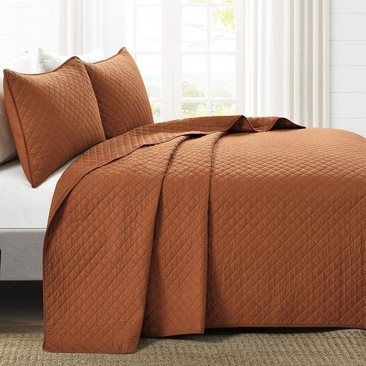Lush Decor Ava Quilt Diamond Pattern Solid 3 Piece Oversized Bedding Blanket Bedspread Set - King - Rust