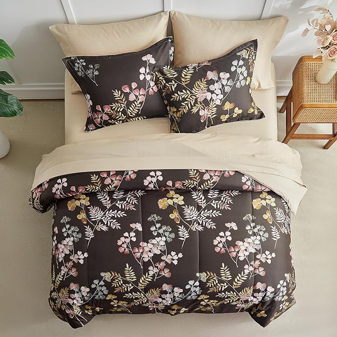 AIKASY Bed in a Bag 7 Pieces Queen Size - Floral Print - Soft Microfiber, Reversible Bed Comforter Set (1 Comforter, 2 Pillow Shams, 1 Flat Sheet, 1 Fitted Sheet, 2 Pillowcases)(Black, Queen)