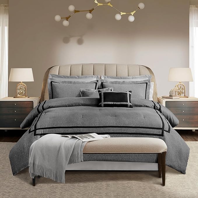Wonderful Hotel Comforter Set Queen Size 8 Piece Bedding Set Grey Luxury Hydro-Brushed Modern Bedding Comforter Set with Sheet, Fitted Sheet, Pillow Shams, Decorative Pillow for All Season