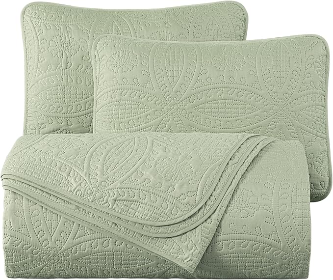 Chezmoi Collection Austin 3-piece Oversized Bedspread Coverlet Set (King, Sage) | Oversized, Lightweight, Fade Resistant