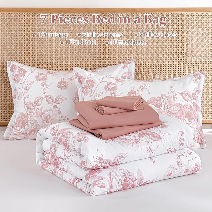 Luxudecor Floral Queen Comforter Set 7 Pieces Bed in a Bag, Pink Rose Romantic Flower Bed Set, Soft Reversible Comforter with Sheet Set 90"x90"