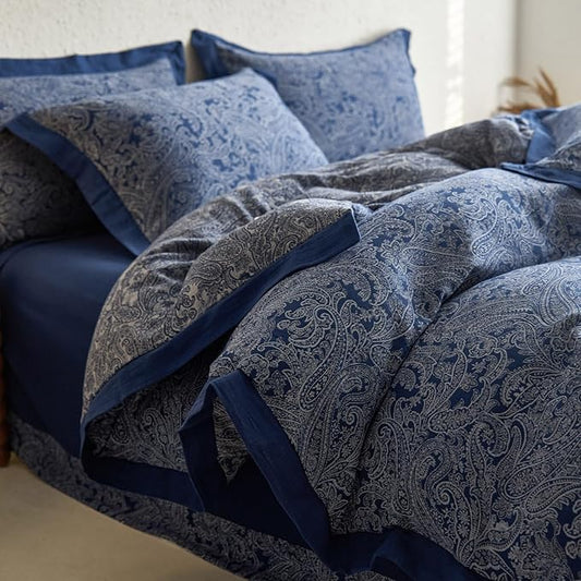 mixinni Muslin Cotton Vintage White Paisley Floral Duvet Cover King Size 3pcs Yarn Dyed Navy Blue Jacquard Weave Bedding Comforter Cover Soft Breathable Bedding Sets for All Season-King Size
