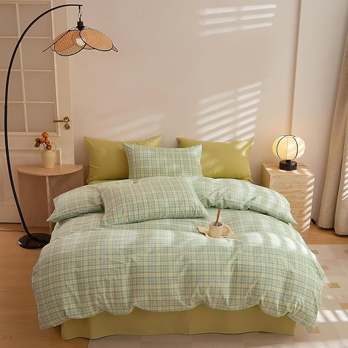 EAVD Modern Style Gingham Comforter Set King Pink Blue Green Grid Plaid Comforter Set Reversible Farmhouse Gingham Bedding Set with 2 Pillowcases Reversible Grid Checkered Bedding Set for All-Season