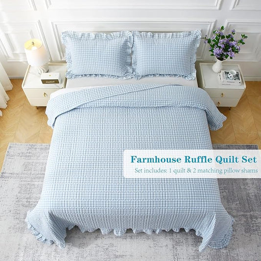 Light Blue White Ruffle Gingham Quilt Set Queen Size with 2 Pillow Shams, 100% Washed Cotton Yarn-Dyed Quited Bedspread Farmhouse Bedding Set (Light Blue, Queen) | Ruffle quilt, Gingham quilt, 100% washed cotton