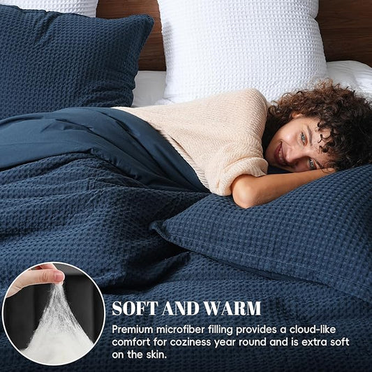 PHF Ultra Soft Waffle Weave Comforter Set King Size, 3 Pieces Lightweight Breathable Comfy Bedding Set, Comfy Textured 1 Comforter with 2 Pillow Shams, Navy Blue