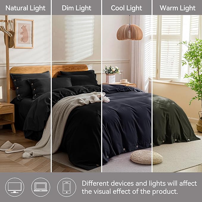 JELLYMONI Cotton Duvet Cover Twin Size - Pure Black Comforter Cover with Button 100% Washed Cotton 2PCS Breathable Soft Solid Bedding Set Duvet Cover 68×90in & 1 Pillowcase (NO Comforter)