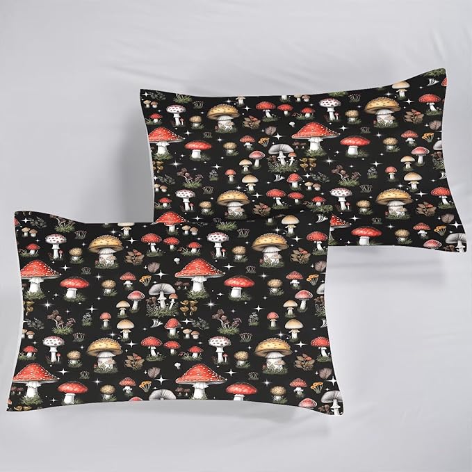 Mushroom Comforter Set Full/Queen Size Black Burgundy Plant Bedding for Kids Girls Teen Women Bedroom Decor Woodland Quilt Bed Sets, 1 Comforter 2 Pillowcases
