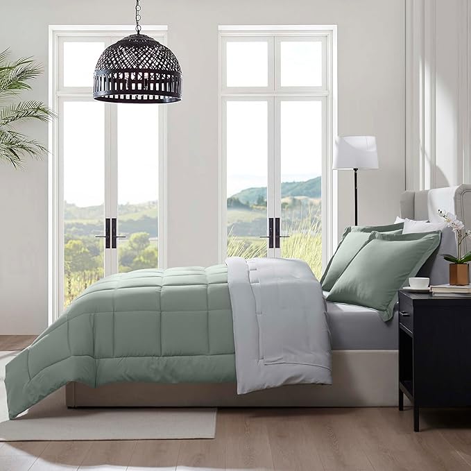 Nestl 7 Piece Queen Comforter Set – Sage Green Reversible Bed in a Bag – Complete Queen Size Bedding Set with Sheets, Pillowcases and Shams