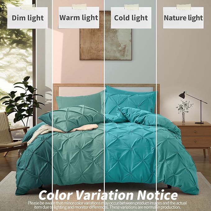 VACVELT 5 Piece Pinch Pleated Duvet Cover Full/Queen Size Set, Teal Pintuck Duvet Cover with Zipper & 8 Ties, Shabby Chic Microfiber Duvet Cover + 2 Pillow Shams + 2 Pillowcases, No Comforter