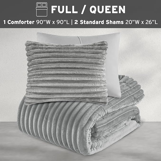 Intelligent Design Queen Comforter Set, Cozy Plush Bedding, Microfiber Reverse, 3 Piece, Lightweight, Super Soft Ribbed Velvet Comforter 2 Shams, All Season Fluffy Bed Set, Avril, Full/Queen Grey