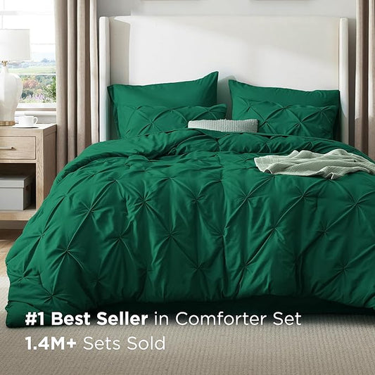 Bedsure Full Comforter Set Dark Green - Bed in a Bag Full Size Bedding Set 7 Pieces, GentleSoftโข Pintuck Bed Set Gift for Family, Pinch Pleat All Season Comforter with Sheets, Pillowcases & Shams