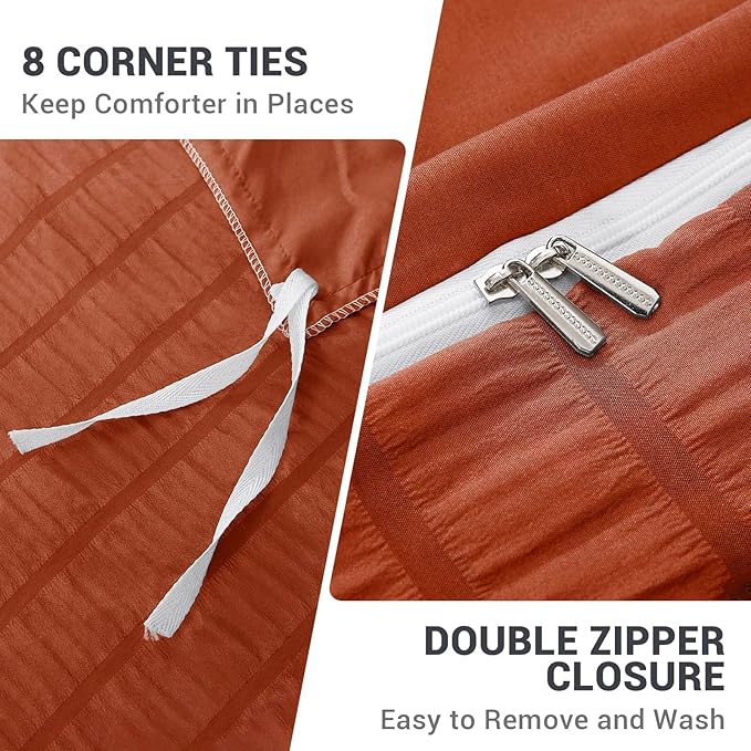 HYMOKEGE Burnt Orange Duvet Cover King Size, Ultra Soft 3-Piece Seersucker Duvet Cover Set with Zipper Closure, Soft Brushed Microfiber Bedding Set with 8 Corner Ties (104"x90", 2 Pillowshams)