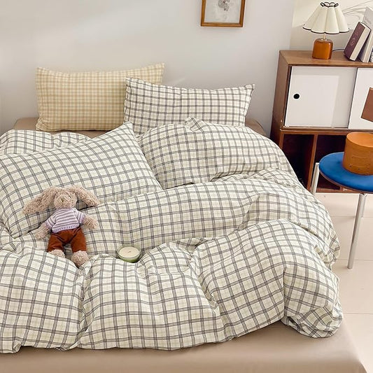 Vintage Grey Plaid Duvet Cover Gingham Bedding Set Twin 100% Cotton Muslin Duvet Cover Grey Green Plaid Checkered Comforter Cover Linen Like Gauze Breathable Soft Farmhouse Grid Bedding Set Twin