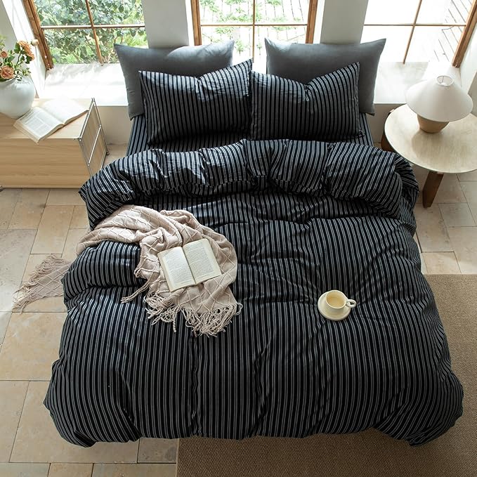 Striped Duvet Cover Set 100% Washed Cotton Linen Like Soft Feelling Breathable Bedding(Strip-Black/White,Twin)