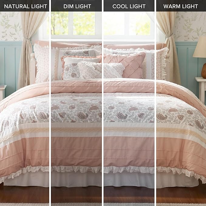 Madison Park Dawn 100% Cotton Shabby Chic Comforter Set-Modern Cottage Design All Season Down Alternative Bedding, Matching Shams, Bedskirt, Decorative Pillows, Queen(90"x90"), Blush 9 Piece