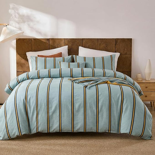 Merryword Green & Orange Striped Duvet Cover Set King Size, 100% Cotton Bedding Set with Zipper Closure & 8 Corner Ties, Luxury Linen Like Bedding, Soft Breathable Comforter Cover for All Seasons
