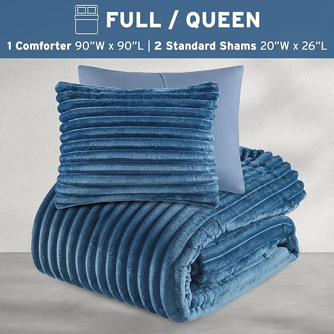 Intelligent Design Queen Comforter Set, Cozy Plush Bedding, Microfiber Reverse, 3 Piece, Lightweight, Super Soft Ribbed Velvet Comforter 2 Shams, All Season Fluffy Bed Set, Avril, Full/Queen Blue