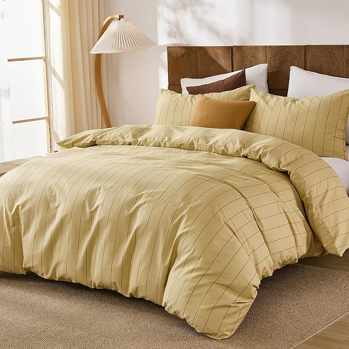Merryword Yellow Striped Duvet Cover Set King Size, Natural Cotton Bedding Set with Zipper Closure & 8 Corner Ties, Soft Breathable Luxury Linen Like Bedding for All Seasons