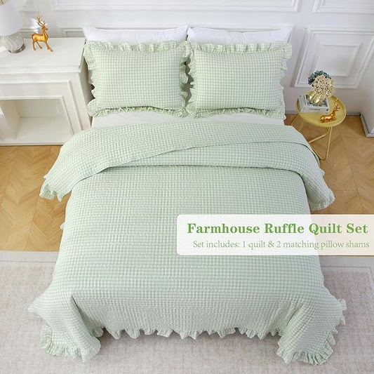 Pile Green White Ruffle Gingham Quilt Set Queen Size with Pillow Shams, 100% Washed Cotton Yarn-Dyed Quilted Bedspread Bedding Set (Pile Green, Queen)