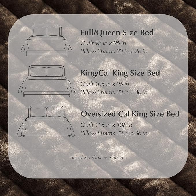 EVERGRACE Velvet Quilt Set King Size, Luxurious Soft Striped Channel Bedding Set, Lightweight Velvet Comforter for All Season, Oversized Bedspread Coverlet with 2 Matching Shams, Walnut Brown