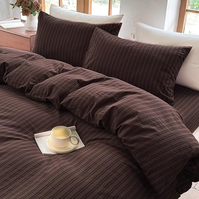 Striped Duvet Cover Set 100% Washed Cotton Linen Like Soft Feelling Breathable Bedding(Pine Bark Brown/Black Strip,Twin)