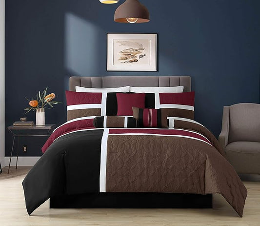 Chezmoi Collection Upland 7-Piece Quilted Patchwork Comforter Set, Burgundy/Black/Brown, King