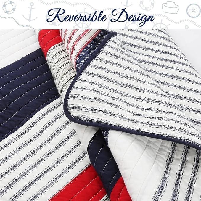 Cozy Line Home Fashions 100% Cotton Sailor Navy Blue Star Striped Reversible Bedding Quilt Set (Patriotic Stripe, Queen)