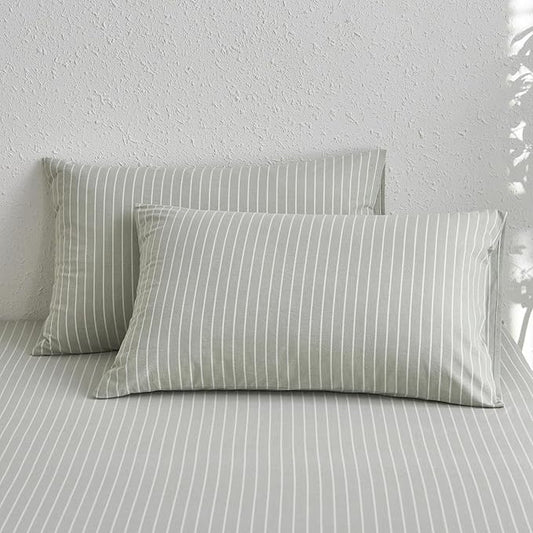 MooMee Bedding Pillowcases Striped Pack of 2 100% Washed Cotton Linen Like Textured Breathable Durable Soft Comfy (Sage Green White Wide Stripes, Queen)
