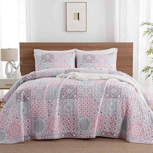 Dobuyly Pink Grey Quilt Set Queen Size, Boho Plaid Patchwork Bedspreads Coverlet Set, 3 Pieces Soft Lightweight Microfiber Summer Quilt Bedding Set for All Seasons 96"x90"