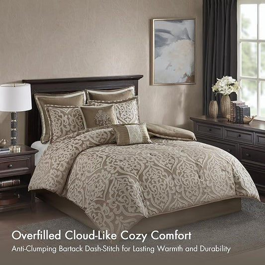 Madison Park Odette Cozy Comforter Set Jacquard Damask Medallion Design - Modern All Season, Down Alternative Bedding, Shams, Decorative Pillow, King(104 in x 92 in), Tan 8 Piece