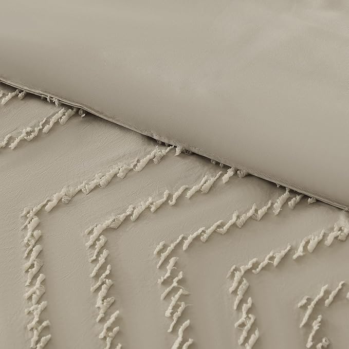 Litanika Comforter Super King Plus Size Set Oatmeal, 3 Pieces Chevron Tufted Solid Bedding Comforter Sets, Fluffy Bed Set