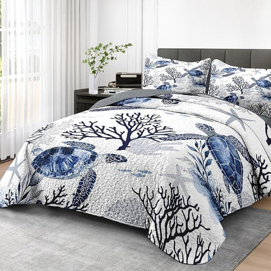 Quilt Set Twin Size, Ocean Sea Coral 2 Pcs Soft Bed Cover Bedding Set for Kids and Adults, Blue Animal Turtle Lightweight Bedspread Coverlet with Pillow Sham for All Season