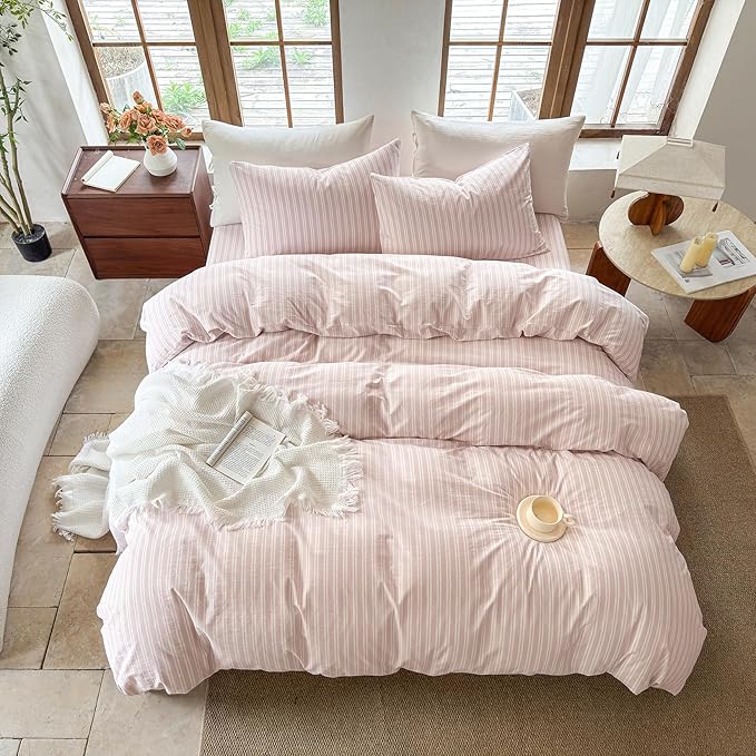 Striped Duvet Cover Set 100% Washed Cotton Linen Like Soft Feelling Breathable Bedding(Greyish Pink/White Strip,Full)