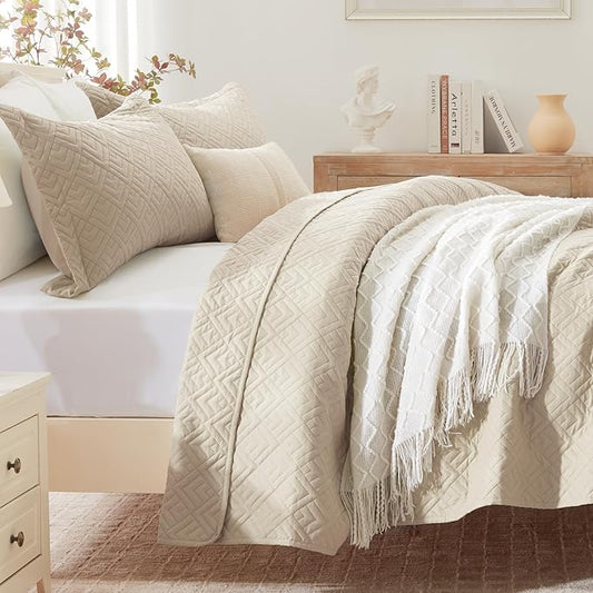 EXQ Home Quilt Set Twin Size Beige 2 Piece,Lightweight Soft Coverlet Modern Style Squares Pattern Bedspread Set for All Season(1 Quilt,1 Pillow Shams)