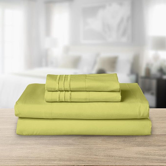 Elegant Comfort Luxurious 1500 Premium Hotel Quality Microfiber Three Line Embroidered Softest 4-Piece Bed Sheet Set, Wrinkle and Fade Resistant, King, Pistachio Green