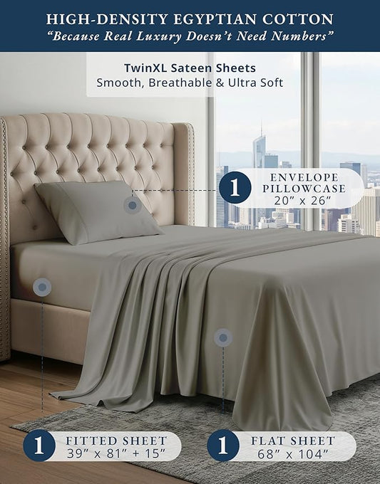 LANE LINEN 100% Egyptian Cotton Twin XL Sheets, Soft & Comfy No Pill Fade Resistant Oeko-Tex Certified sustainably Produced Cotton Sheets Twin XL, 15" Extra deep Pokcet Bed Sheets - Charcoal
