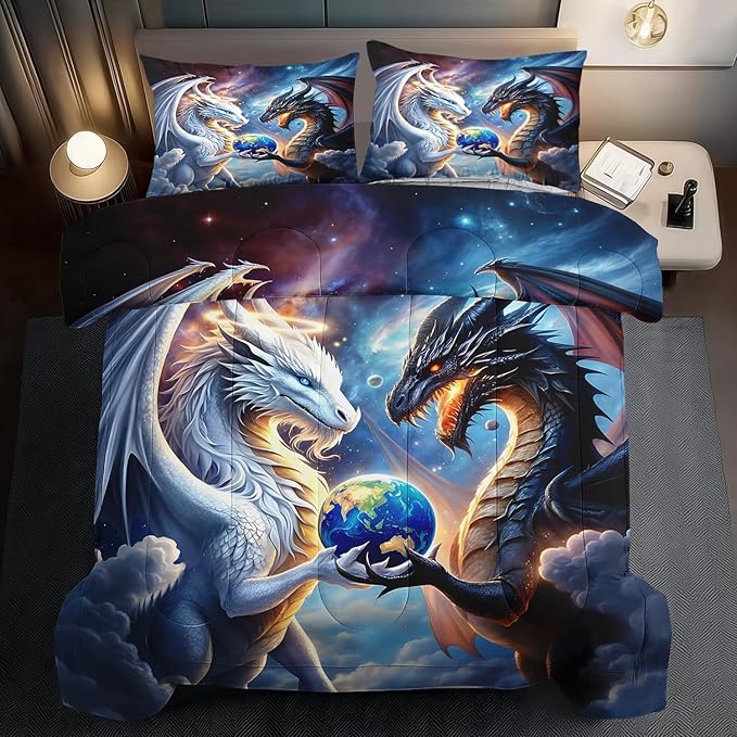 Black White Dragon Comforter Set King Boys Flame Ancient Mysterious Creatures Fantasy Dragon Bedding Set Boys GirlsWhite and Black Comforter King Size Animals Quilt Room Decor
