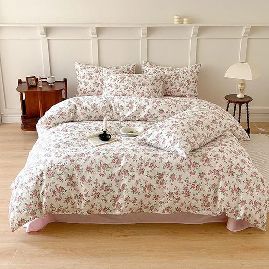 VM VOUGEMARKET Pink Floral Duvet Cover Queen 3 Pieces Cotton Girls Cottagecore Bedding Set,Peach Flower Comforter Cover with Zipper Closure,Vintage Country Bedding 90x90