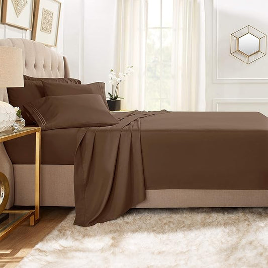 Clara Clark Queen Sheets, 6 Piece Set - Hotel Luxury Sheets for Queen Size Bed, Super Soft Bedding Set, Chocolate Brown