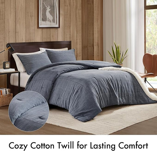Woolrich King Comforter Set Cotton Stone Washed, Oversized Comforters King Size Bed, All Season Down Alternative Overfilled King Size Comforter, McKenzie, King/Cal King Blue 3 Piece