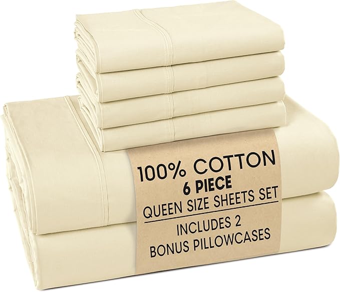 Casa Platino Queen Bed Sheets – Breathable 6 Piece Percale Cooling Queen Sheets with Crisp Feel, with 15 Inch Deep Pocket Fitted Sheet, Ultra Soft & Cozy Feel, Fit – Ivory