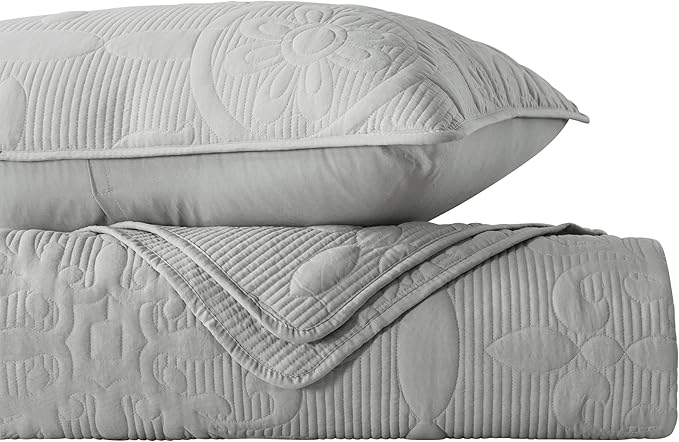 Light Grey Damask Quilt King Size Bedding Sets with 2 Pillow Shams, Boho Bedspread Lightweight Soft Farmhouse Vintage Bohemian Coverlet Retro Jacquard Pattern Bed Cover for All Season, 3 Pieces