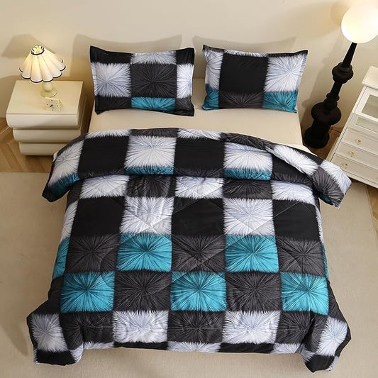 Caressma King Comforter Set Black and Blue (104x90 Inch), 3 Pieces Buffalo Plaid Black and White Checkered Comforter Bedding Set, Stylish Geometric Plaid Fluffy Home Decor for All Seasons
