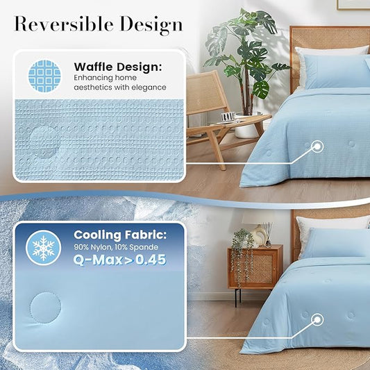 Amélie Home Waffle Cooling Comforter Twin Size, Q-Max 0.45 Reversible Lightweight Cooling Blanket for Hot Sleepers, Breathable Bedding for Night Sweats, 68"x90", Sky Blue