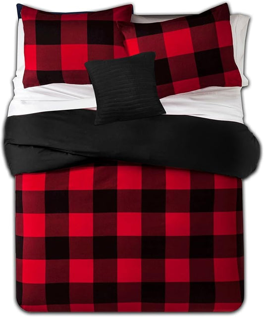Sweet Home Collection 4 Piece Buffalo Check Plaid Design Reversible to Solid Color with 2 Shams & Throw Pillow, Full/Queen, Burgundy