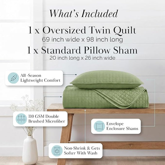 Southshore Fine Living, Inc. Twin XL Comforter Quilt Set, Dorm Room Bedding Essentials, Stain Resistant, Machine Washable Bed Spread, Twin XL Green Quilt Bedspread Set w/Pillow Sham, Sage Green
