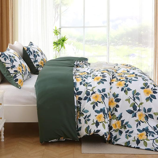 MUXHOMO Duvet Cover Queen Size, Reversible Floral Vintage Duvet Cover Set with Zipper Closure, 3 Pieces Botanical Patterns Soft Microfiber Bedding Set (90"x90", 2 Pillow Cases, Winter Jasmine Green)