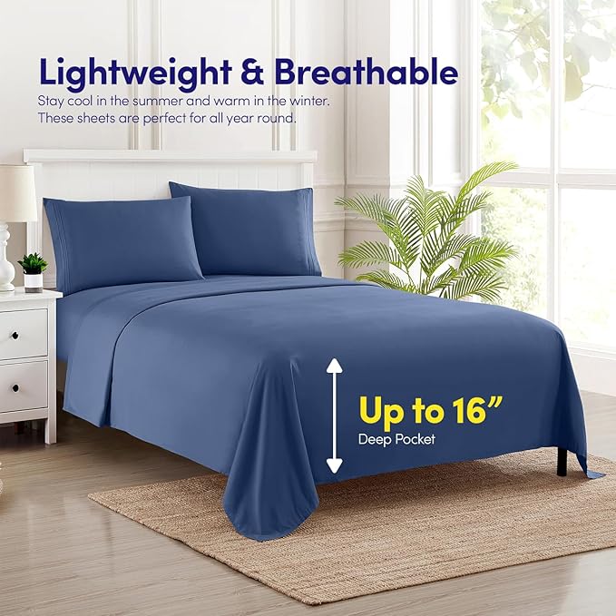 1500 Supreme Collection RV Short Queen Sheets Set, Denim Blue - Short Queen Bed Sheets for RV Camper Mattress, 1500 Supreme Collection Soft Sheets, RV Queen Size, Denim Blue